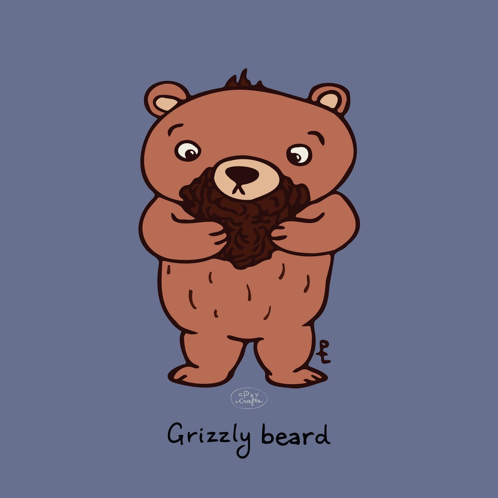 A dark blue square with a brown bear holding a dark brown beard. Text says "Grizzly beard"