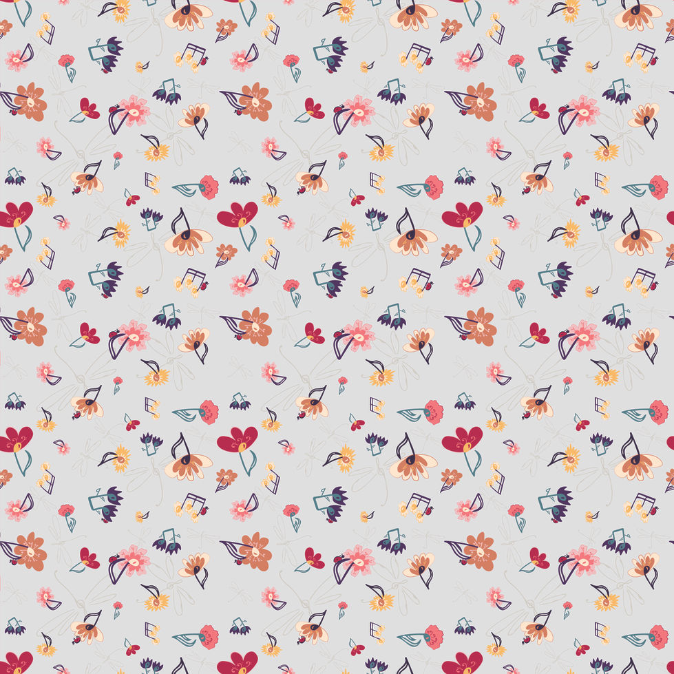 Repeating pattern of pink, orange, yellow flowers shaped with musical notes, on a light neutral background.