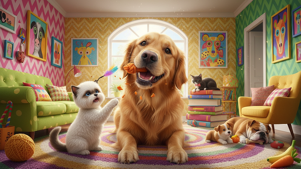 Eye-level view of a dog happily chewing on a sweet potato chew