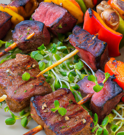 Microgreen with Grilled Steak and Veggie Skewers