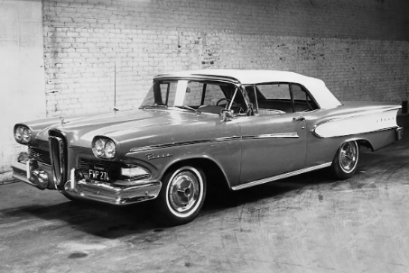 Black and white photo of a 1958 Edsel convertible.