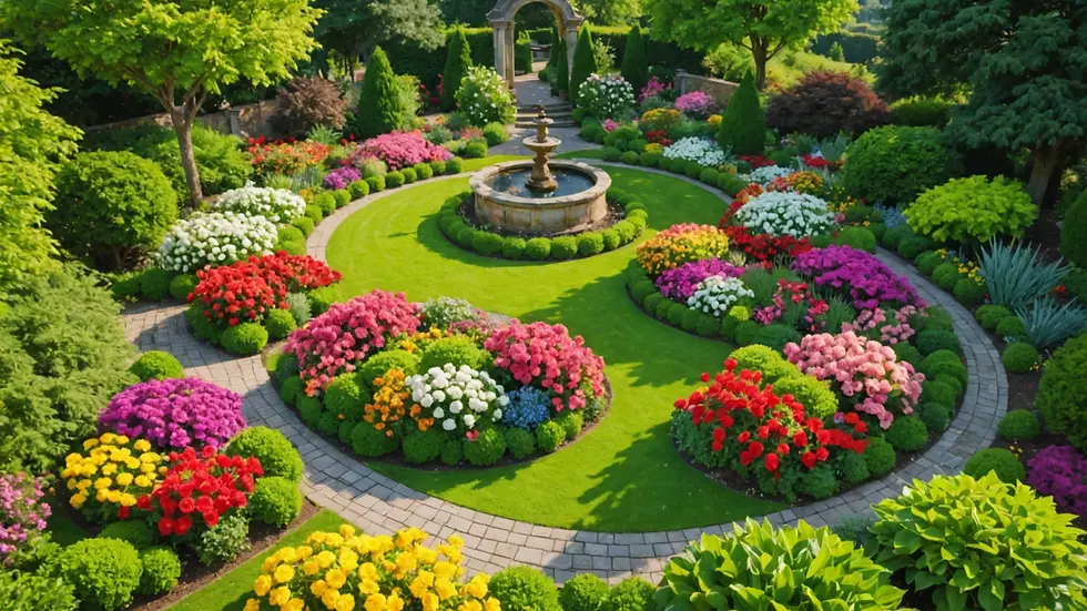High-angle view of a beautifully landscaped garden with vibrant flowers