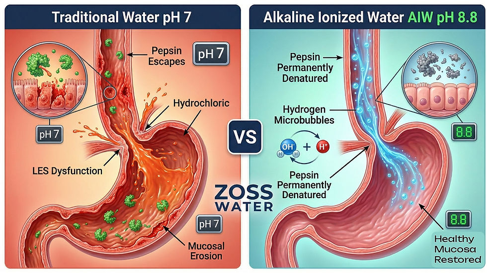 A split-screen medical illustration comparing the effects of traditional water versus alkaline ionized water on the upper digestive system.Left Panel: Traditional Water (pH 7)Anatomy: A sagittal cross-section shows an inflamed, red esophagus and stomach. The lower esophageal sphincter (LES) is open and weakened.Action: Bright orange-red stomach acid is splashing upward into the esophagus. Green, active pepsin enzymes are shown attacking the epithelial cells.Microscopic View: A circular inset shows damaged, eroded esophageal cells.Labels: Annotations include "Traditional Water pH 7," "Pepsin Escapes," "LES Dysfunction," and "Mucosal Erosion." Indicators show a highly acidic environment of pH 3.5.Color Palette: Dominated by warm, urgent reds and oranges.Right Panel: Alkaline Ionized Water (AIW pH 8.8)Anatomy: The same anatomical view, but the esophageal lining is a healthy, smooth pink. The LES is tightly closed.Action: Glowing electric blue water with luminescent hydrogen microbubbles flows down the esophagus. A molecular diagram shows hydroxide ions ($OH^-$) neutralizing hydrogen ions ($H^+$).Microscopic View: A circular inset shows gray, fragmented pepsin molecules that have been denatured, leaving the epithelial cells intact and healthy.Labels: Annotations include "Alkaline Ionized Water AIW pH 8.8," "Pepsin Permanently Denatured," and "Healthy Mucosa Restored." Indicators show a balanced pH of 8.8.Color Palette: Dominated by cool, calming blues and greens.Center: A "VS" badge separates the panels, with a "ZOSS WATER" watermark at the bottom center.
