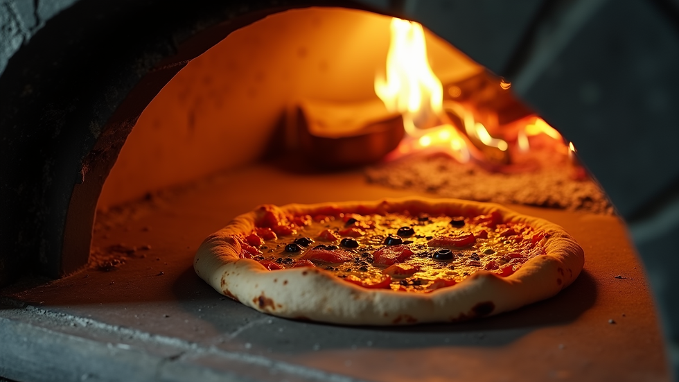 Close-up view of a wood-fired pizza oven with a pizza inside