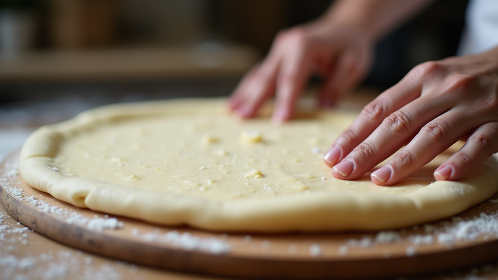 Eye-level view of a pizza dough being stretched on a wooden board