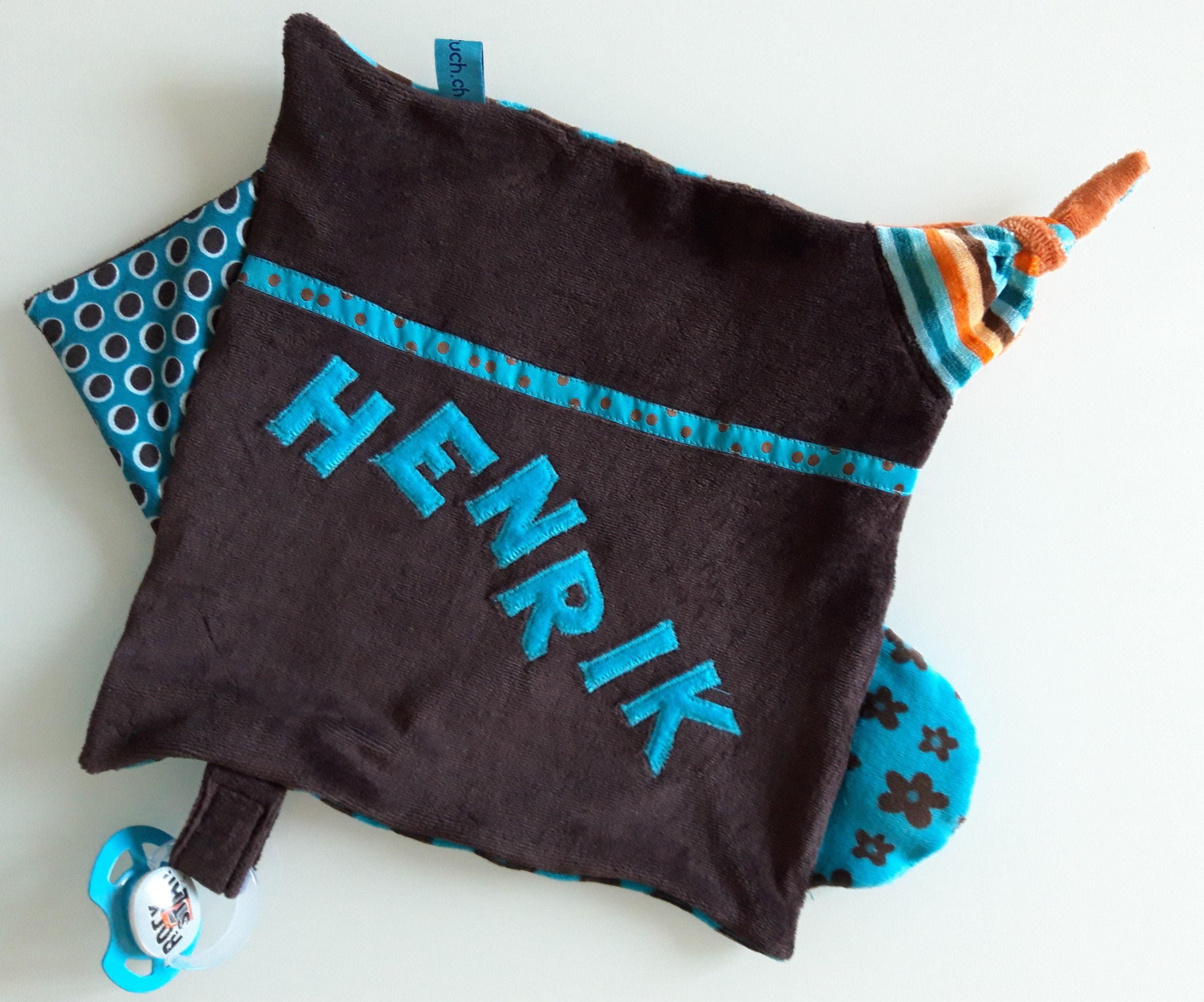 Erlebniszipfeltuch braun-türkis mit Quitscher, Glöggeli und Knisterfolie