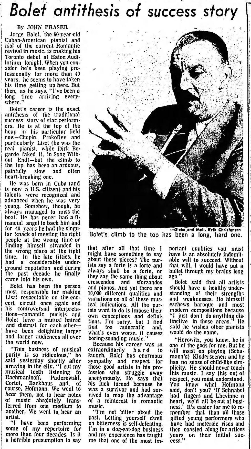 Jorge Bolet début in Toronto