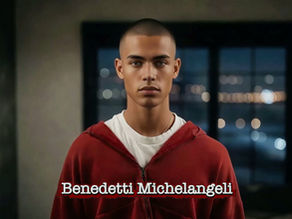 Handsome young man, with a closely shaved head in a darkened room at night (the flashing lights of distant traffic can be seen through the window), speaks about the repertoire of pianist Arturo Benedetti Michelangelingeli.