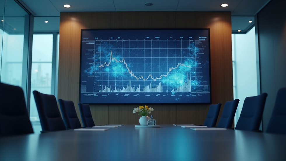 Eye-level view of a modern office conference room with financial charts on a screen