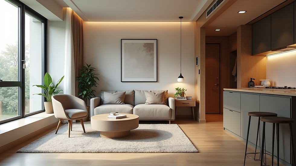 High angle view of a compact, stylish ADU interior with modern furniture