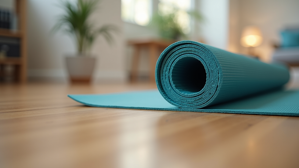Eye-level view of a yoga mat rolled on a wooden floor