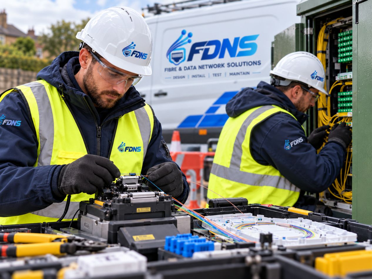 FDNS fibre engineer installing and testing fibre optic infrastructure