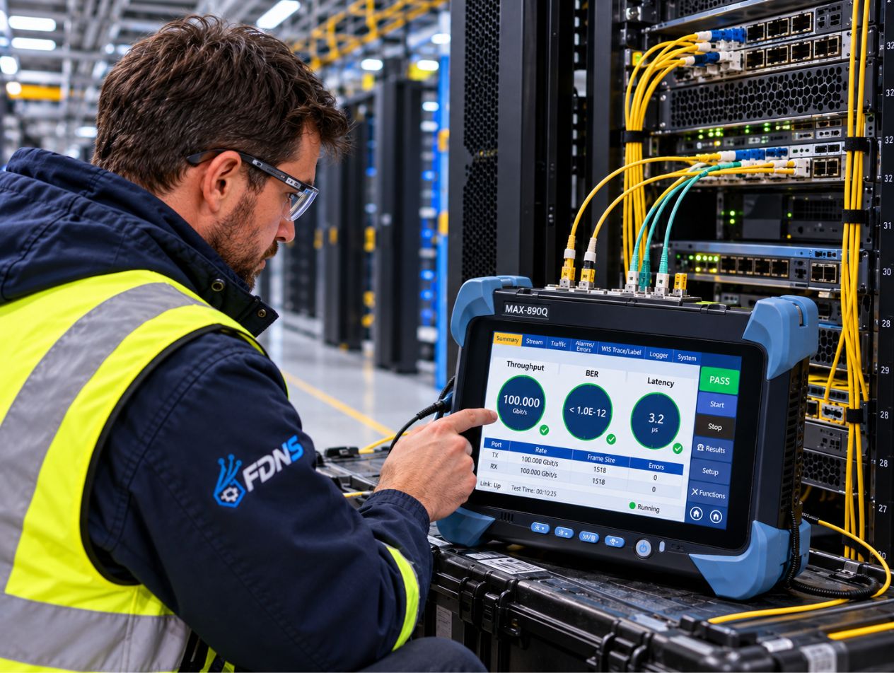 FDNS engineer testing high-capacity fibre links in a data centre environment