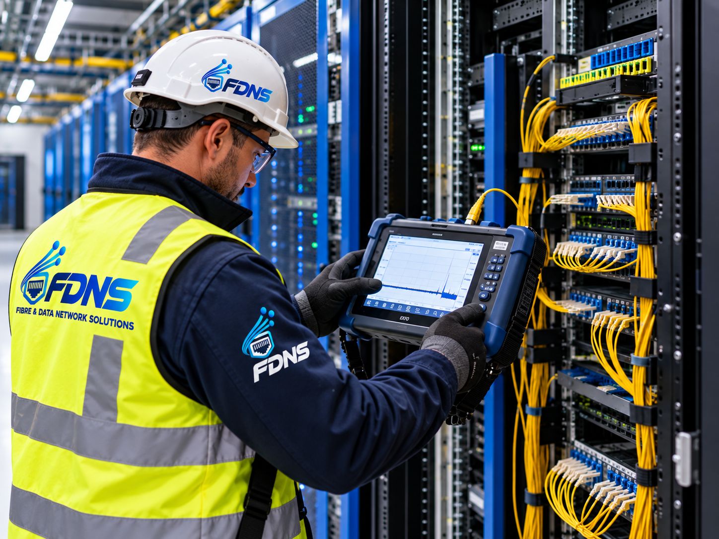 FDNS engineer carrying out advanced OTDR fibre optic testing in a data centre