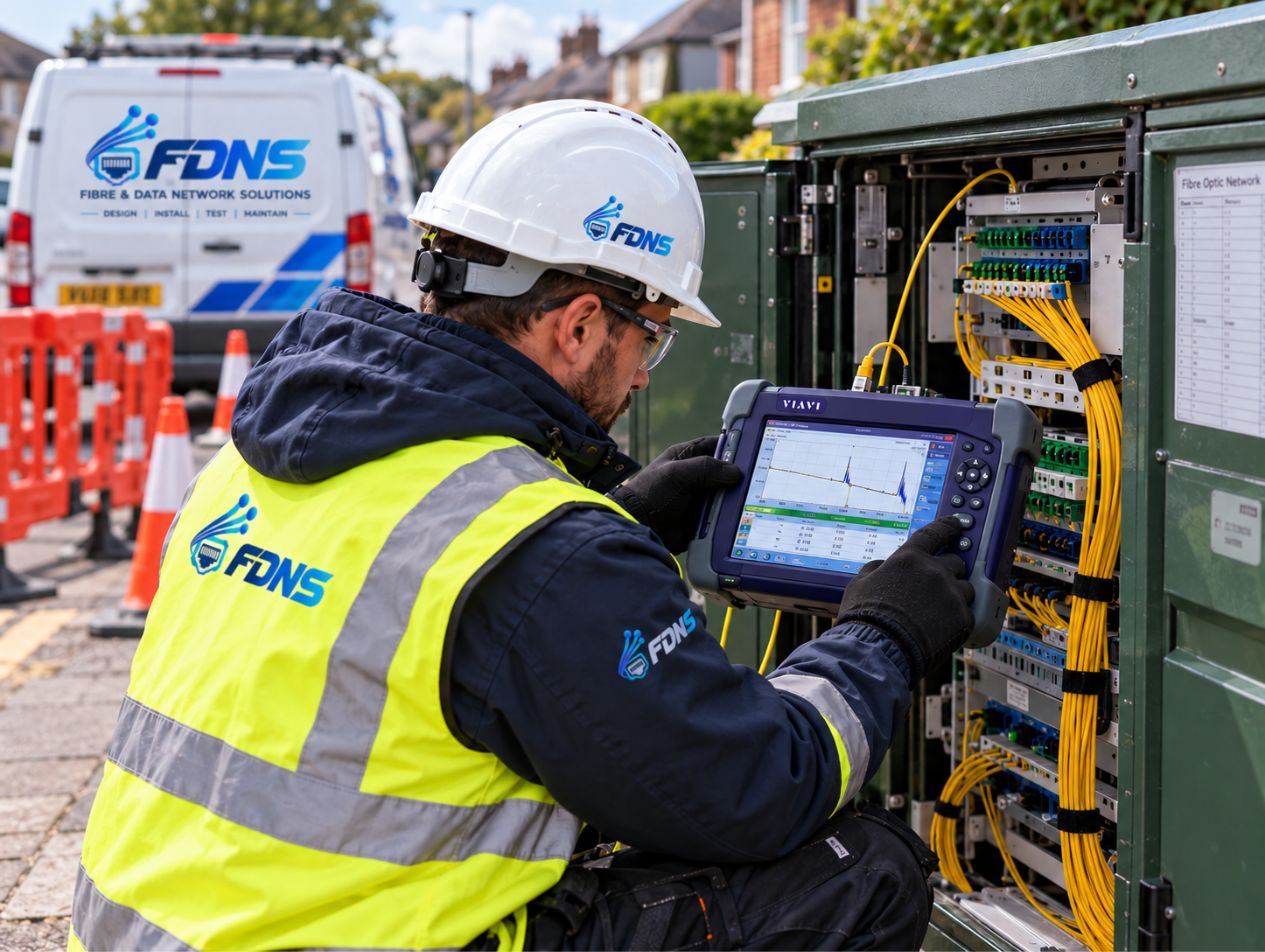 FDNS engineer carrying out OTDR testing on external telecom fibre infrastructure
