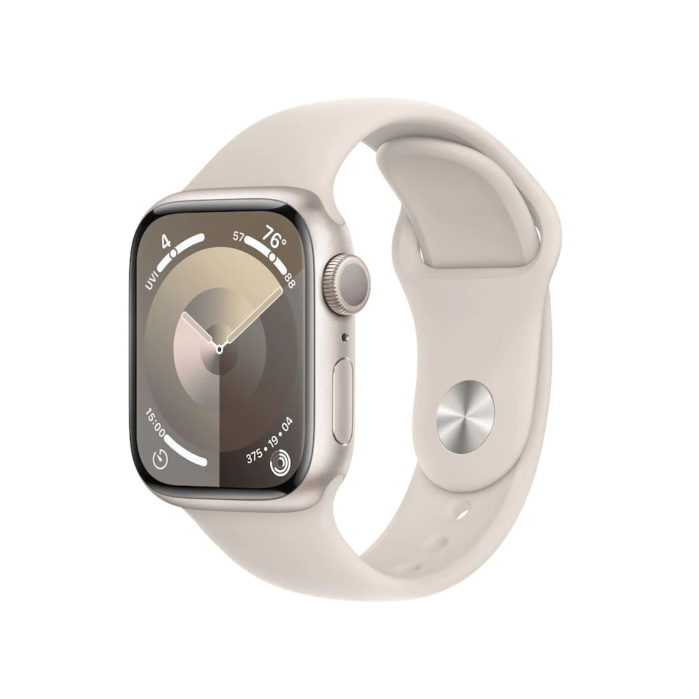 Apple Watch Series 9 GPS 41mm Starlight Aluminium Case with Starlight Sport Band Side-Face View