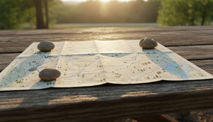 Close-up of a paper map with three small stones marking a route