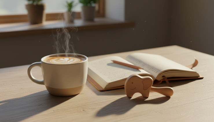 Gros plan sur une tasse de café à côté d’un carnet ouvert et d’un petit jouet d’enfant.