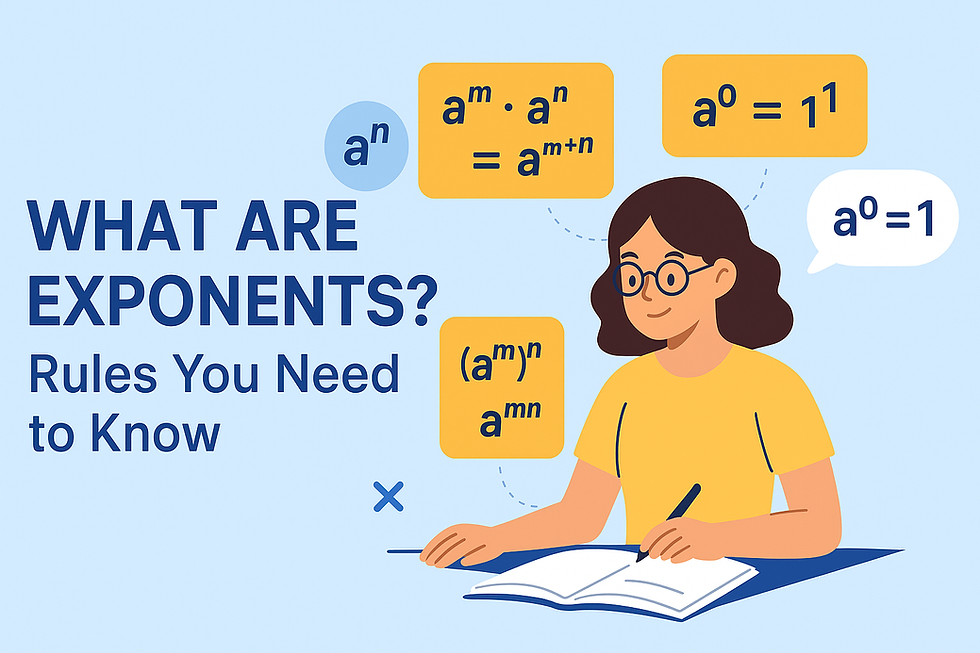 Student learning exponent rules with math symbols around.