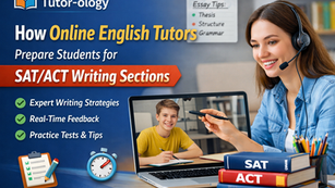 Online English tutor helping a student prepare for SAT and ACT writing sections with real-time feedback and practice strategies