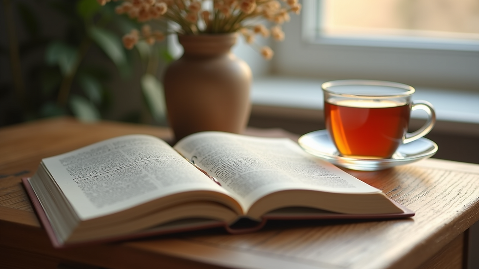 Eye-level view of an open journal with a cup of herbal tea