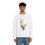 Thumbnail: Man modeling white sweatshirt with yellow-crested cockatoo design