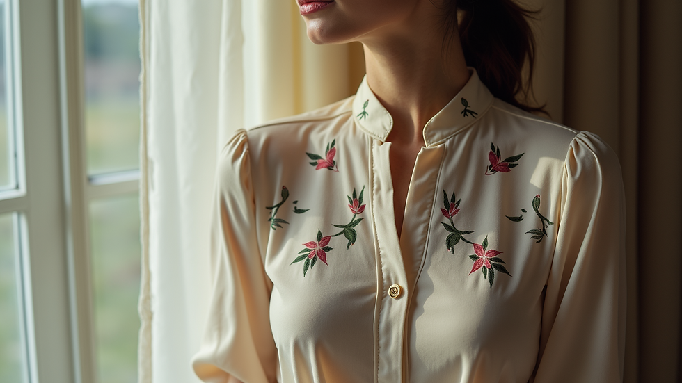 High angle view of a chic dressy blouse adorned with bird motifs