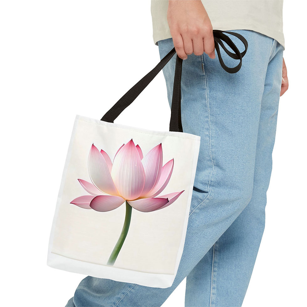 Person holding tote bag with pink lotus flower