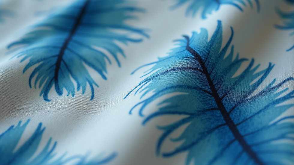 Close-up of a blue bird feather pattern on a soft fabric shirt
