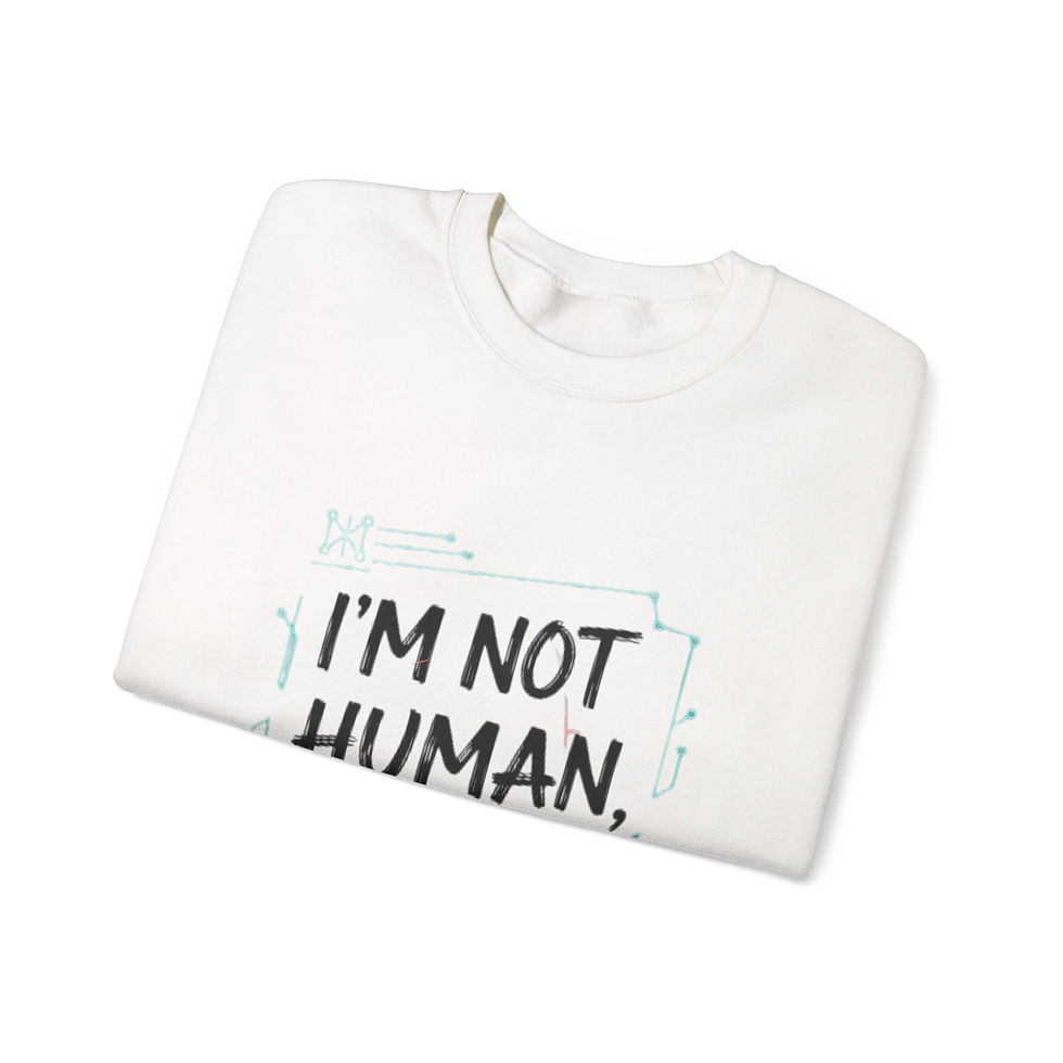 White unisex crewneck sweatshirt with "I'M NOT HUMAN" text