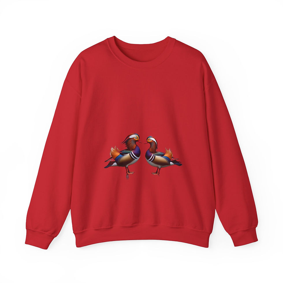 Red sweatshirt with mandarin duck design