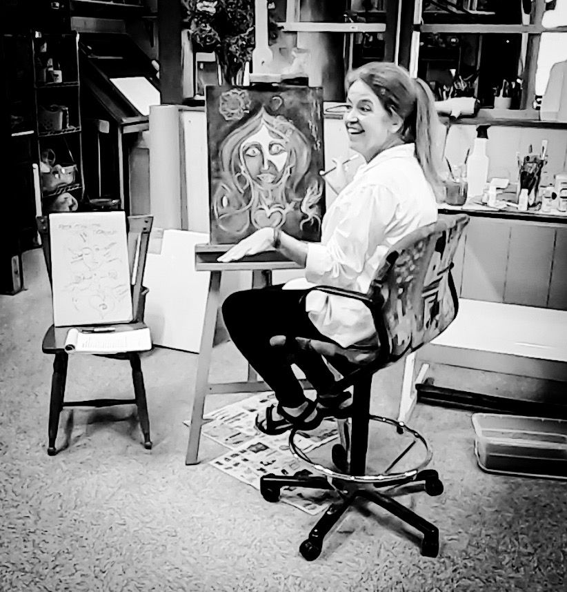 Madhavi Devi teaching painting seated, B and W photo.