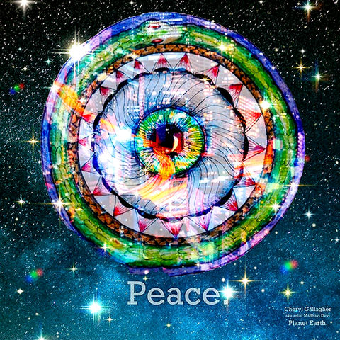Round multicolor Oroboros "Peace"message, surrounded by stars.
