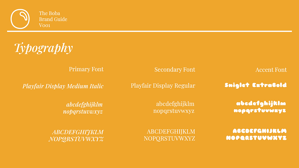 Typography
Primary Font: Playfair Display Medium Italic
lowercase alphabet
uppercase alphabet
Secondary Font: Playfair Display Regular
lowercase alphabet
uppercase alphabet
Accent Font
Sniglet ExtraBold
lowercase alphabet
uppercase alphabet
