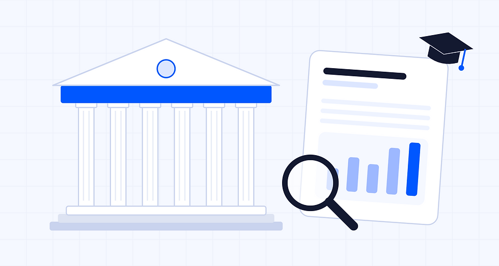 Illustration of a university building beside a research paper with a chart and a magnifying glass