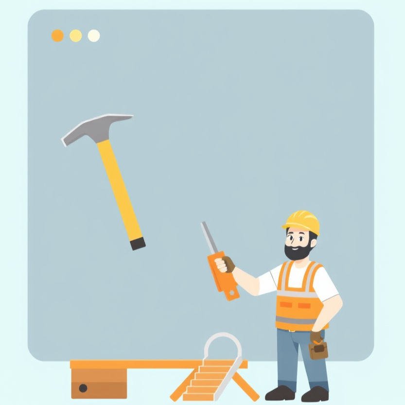 a wordless illustration of a webpage with a hammer, a saw, and a construction worker.jpg