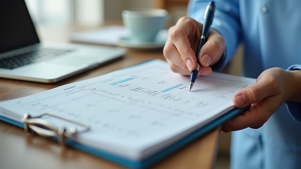 Close-up view of a caregiver’s hand holding a schedule planner