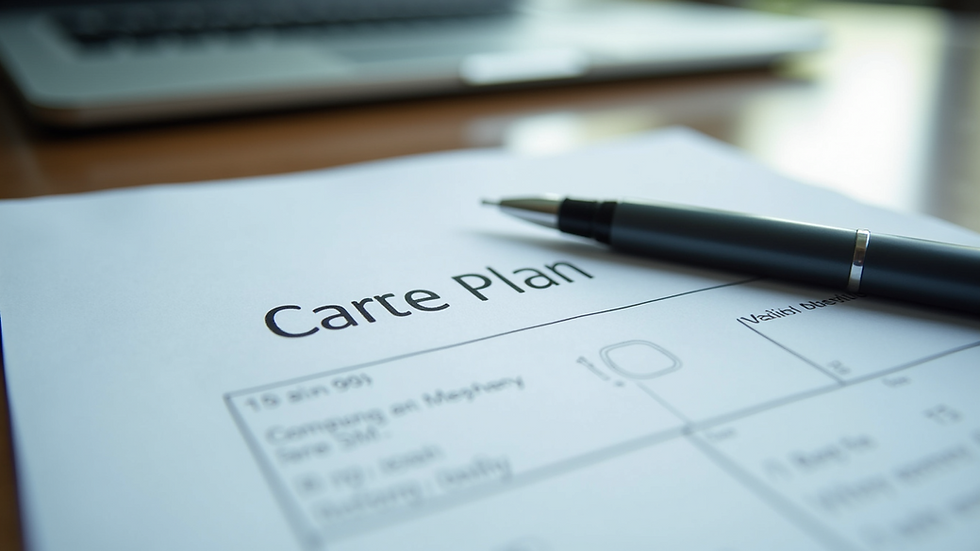 Close-up view of a care plan document with a pen on a table