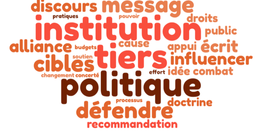 Nuage de mots en lien avec le plaidoyer : politique, institution, message, discours, décideurs, influencer