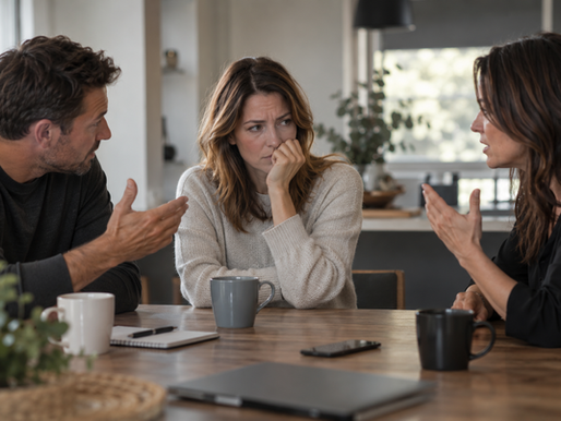 Trois adultes autour d’une table, un homme et une femme s’adressant à une femme assise entre eux, qui semble prise au milieu de leur échange.