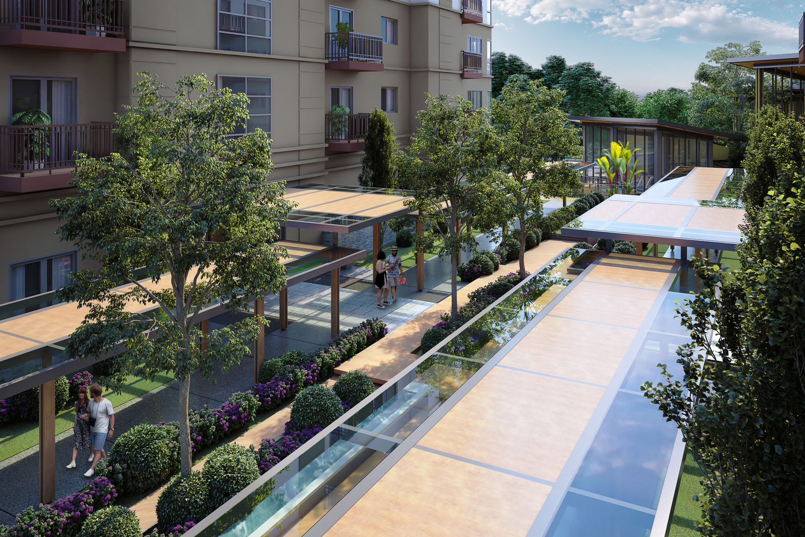 Modern apartment building landscaped courtyard