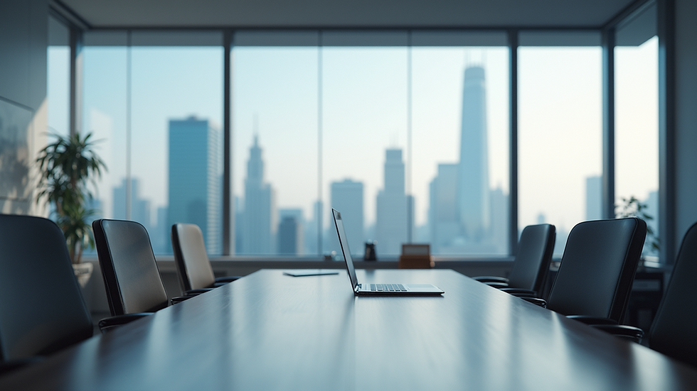 Close-up view of a modern office space with a large window and city skyline
