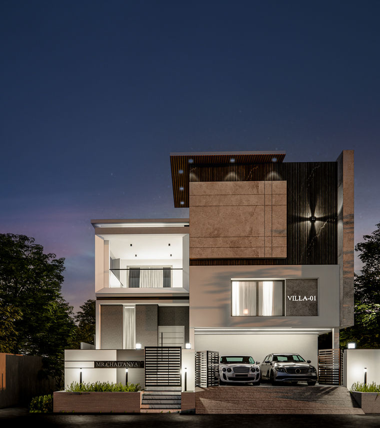 Modern luxury villa at night with a spacious garage, sleek architectural design, and illuminated exterior.