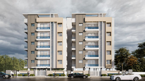  Modern residential apartment complex with multiple floors, large windows, and balconies, surrounded by trees and greenery.