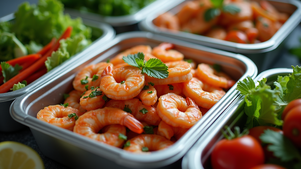 High angle view of meal prep containers with shrimp and vegetables