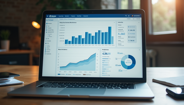 Laptop on a wooden desk displaying graphs and charts on its screen. Background shows a softly-lit office with plants and warm decor.