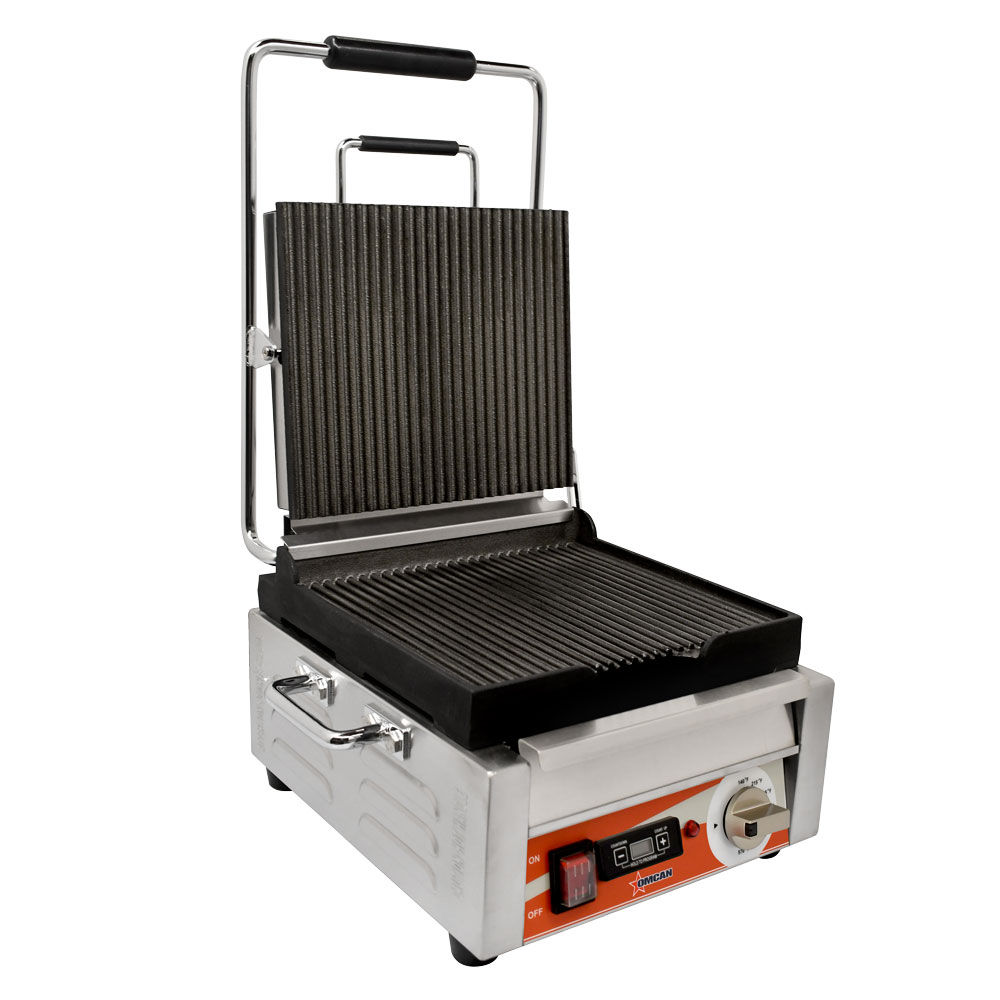 Single Panini Grill with Grooved Plates and Timer – 10″ x 11″ Cooking Surface –