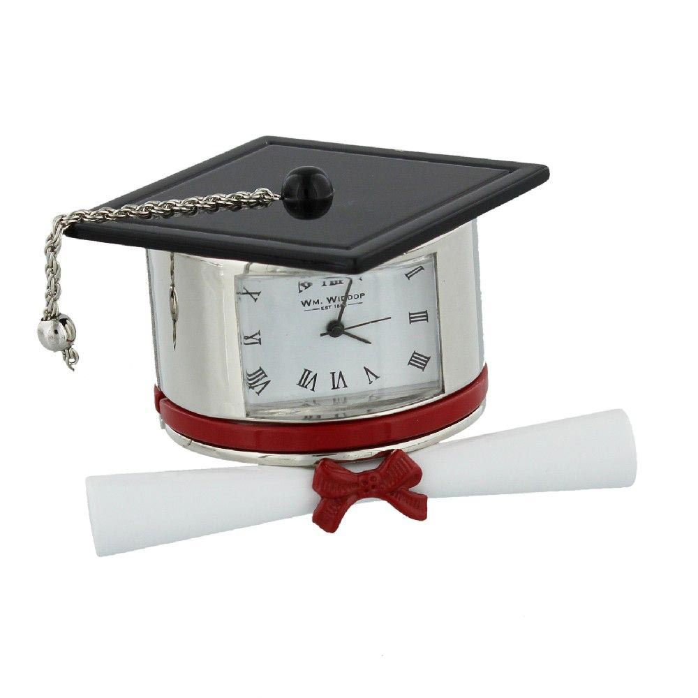 Metal Graduation hat & scroll, small clock, desk clock, front view