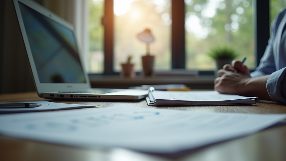 Eye-level view of a consultant’s desk with a laptop and notes