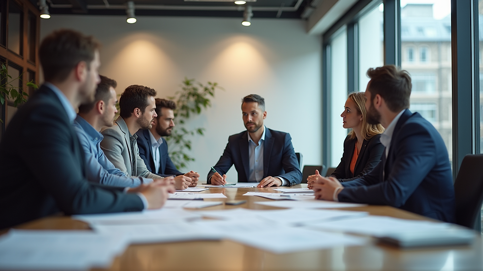 Eye-level view of a modern office meeting room with startup team discussing plans